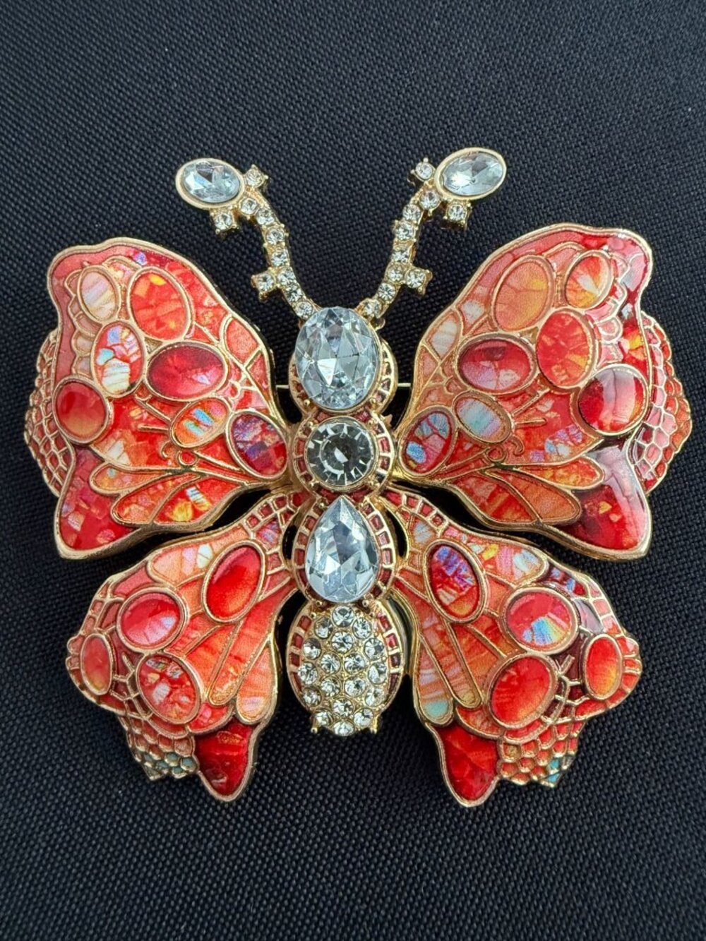 Large Red & Coral Enamel Butterfly Brooch – Iridescent Wings, Crystal Body, Gold - Picture 1 of 5